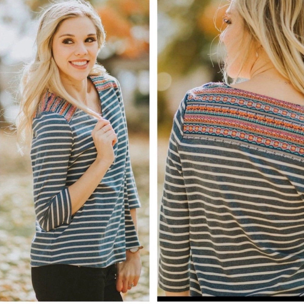 Striped Navy & Cream Women's Top with Embroidered Yoke